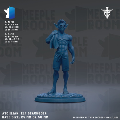 a blue figurine of an elf beachgoer, with the base size being either 25mm or 50mm.