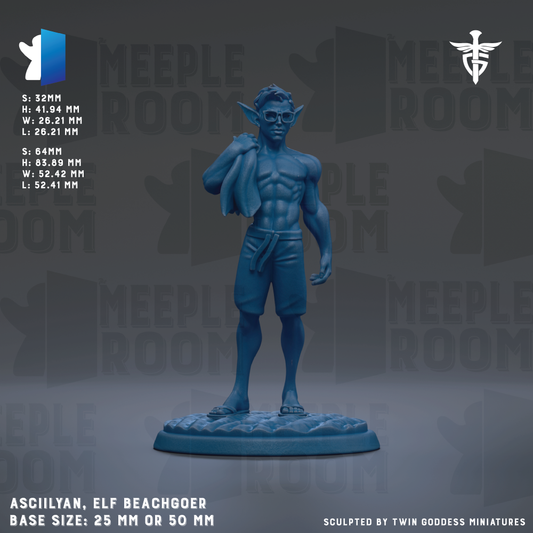 a blue figurine of an elf beachgoer, with the base size being either 25mm or 50mm.