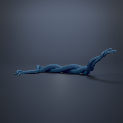 A blue snake coiled in a twisted manner, with its body partially obscured by the other snake's body.