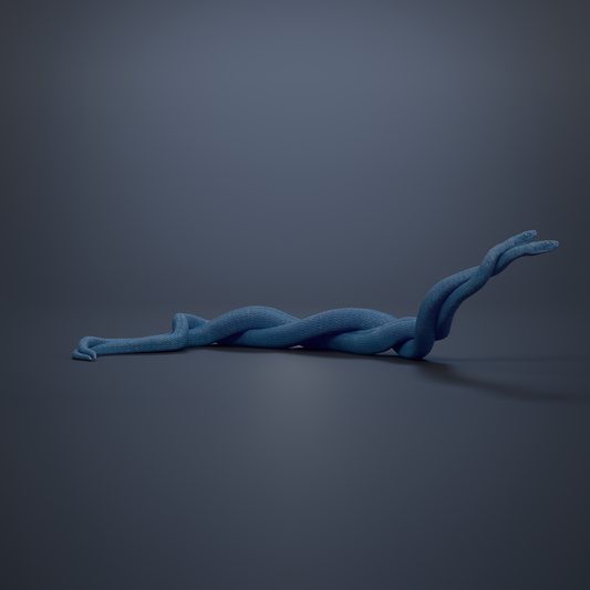 A blue snake coiled in a twisted manner, with its body partially obscured by the other snake's body.