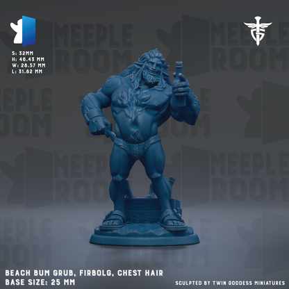 The image is a figurine of a muscular, bearded man with a large bust, holding a bottle in his hand. The figurine is set against a dark background with the text "MEEPLE ROOM" repeated multiple times. The base size of the figurine is 25mm.