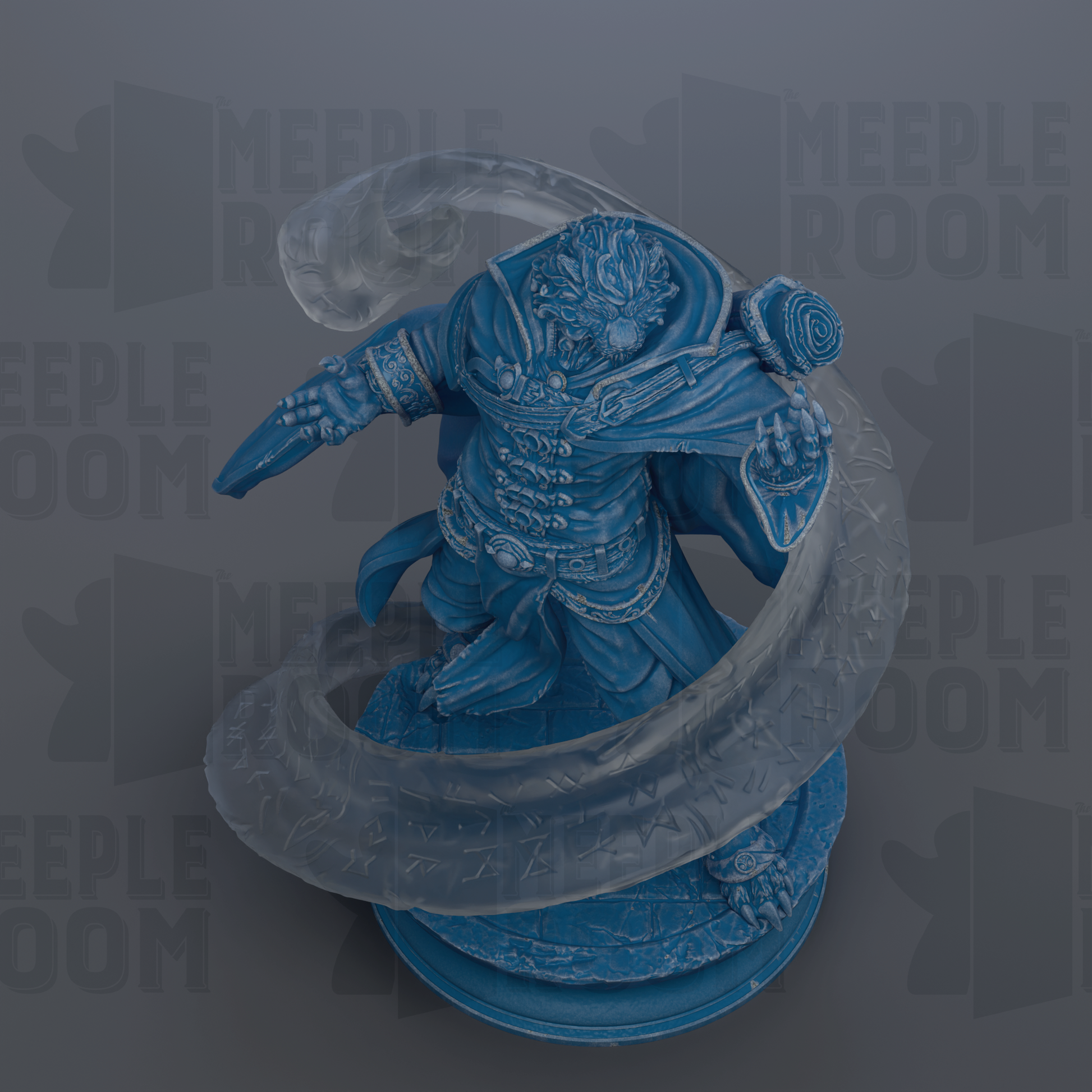 A blue figurine of a dragon-like creature with a flowing cape and a sword, set against a dark background with repeated text.