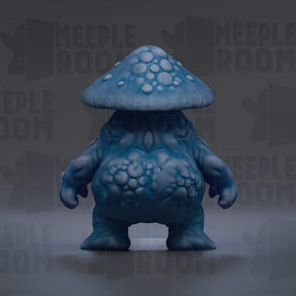 A blue, mushroom-shaped creature with a textured, bumpy appearance stands in the center of the image against a dark background.