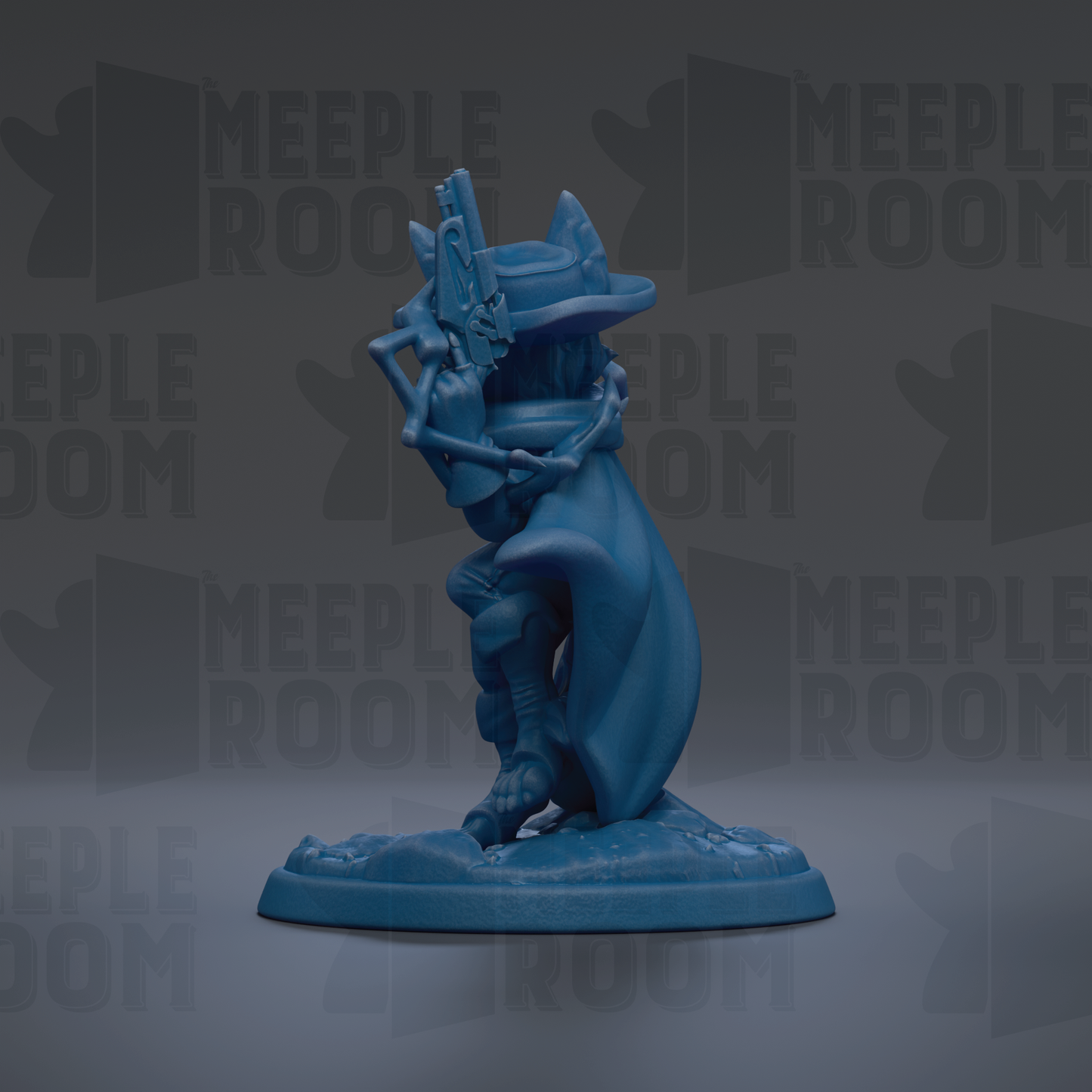 A blue figurine of a character with a gun, standing on a base, against a dark background with repeated text.