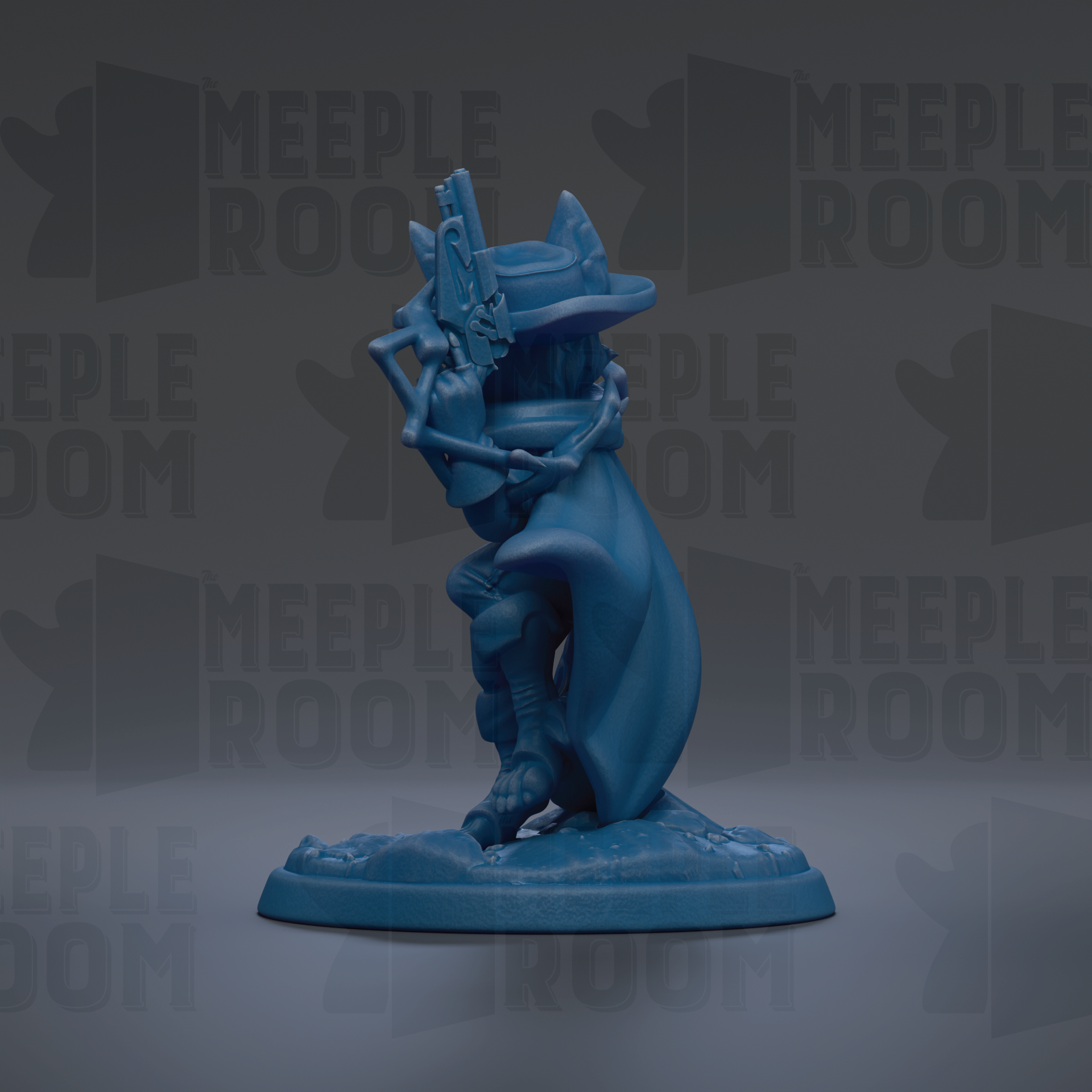 A blue figurine of a character with a gun, standing on a base, against a dark background with repeated text.