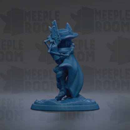 A blue figurine of a character with a gun, standing on a base, against a dark background with repeated text.