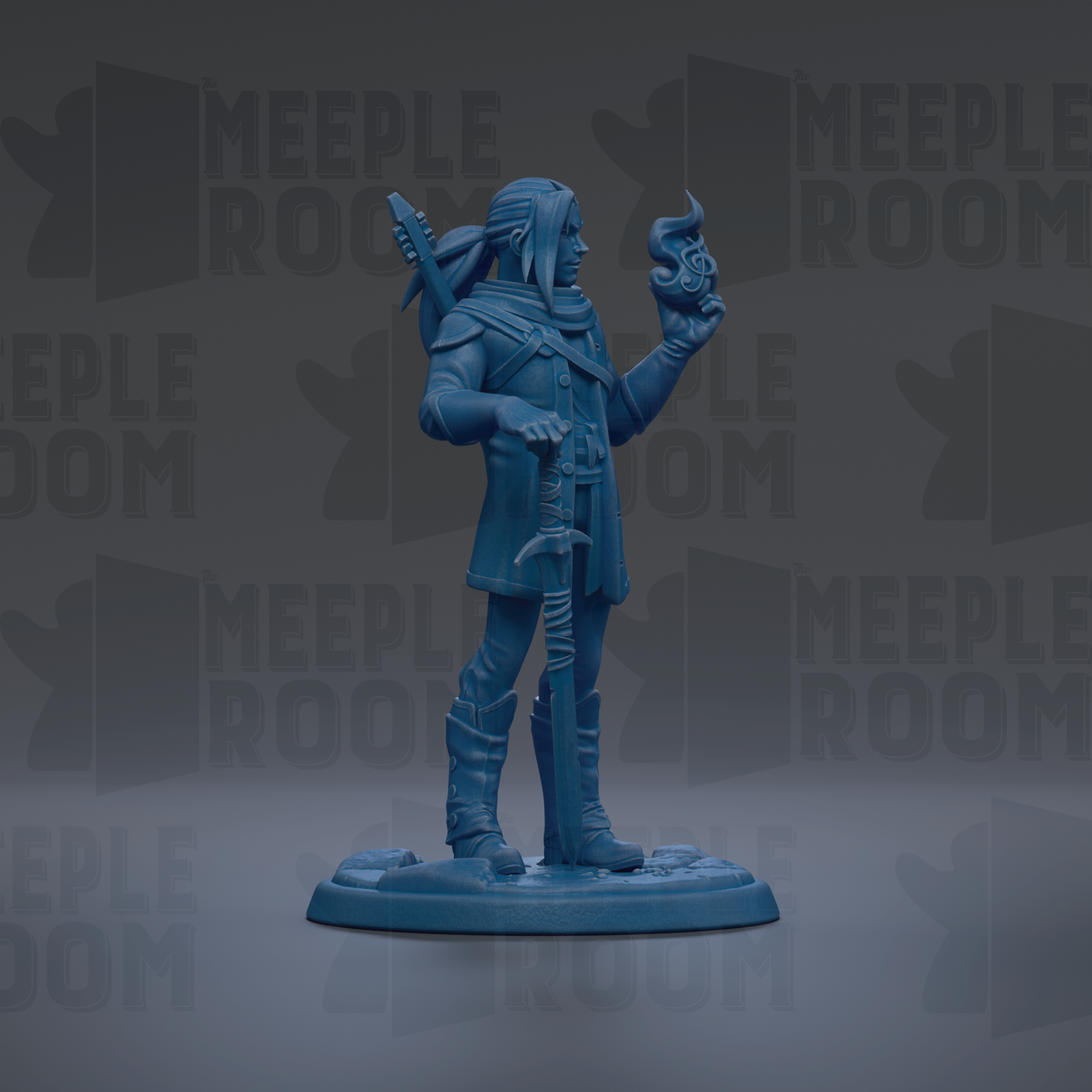 A blue figurine of a person holding a staff and a small object, standing on a base.