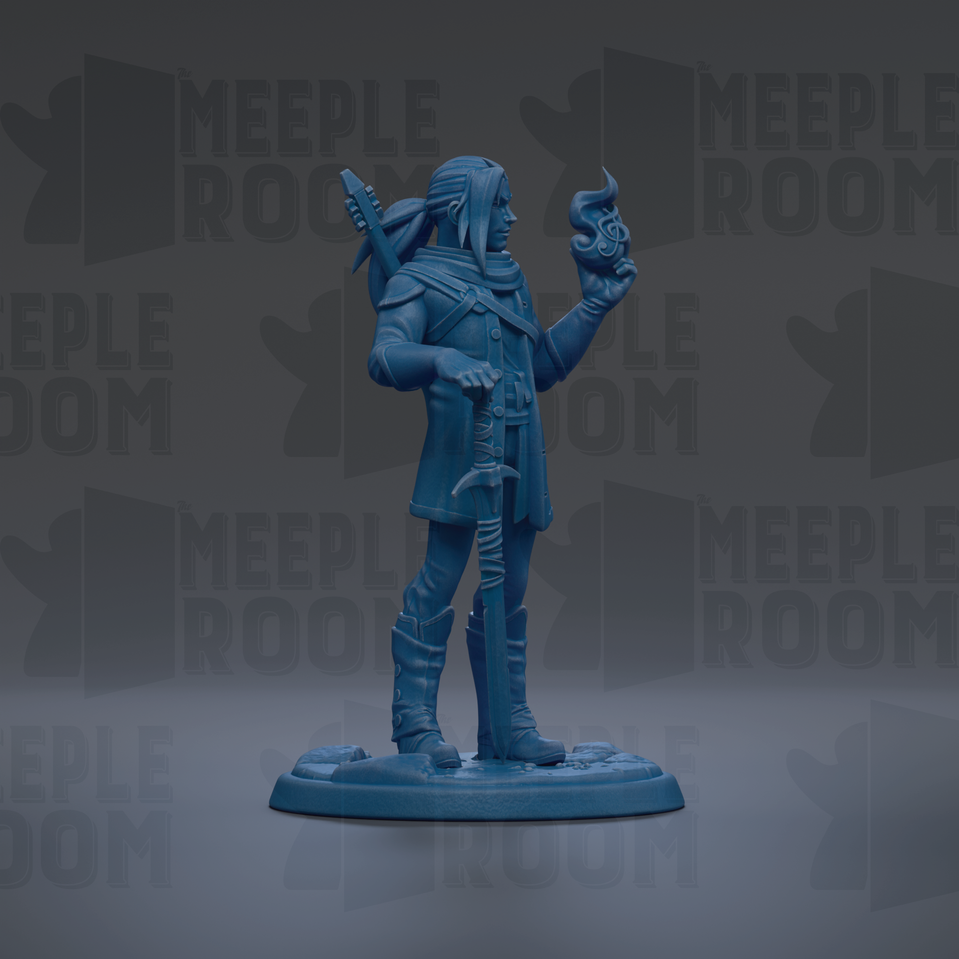 A blue figurine of a person holding a staff and a small object, standing on a base.