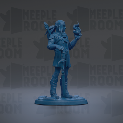 A blue figurine of a person holding a staff and a small object, standing on a base.