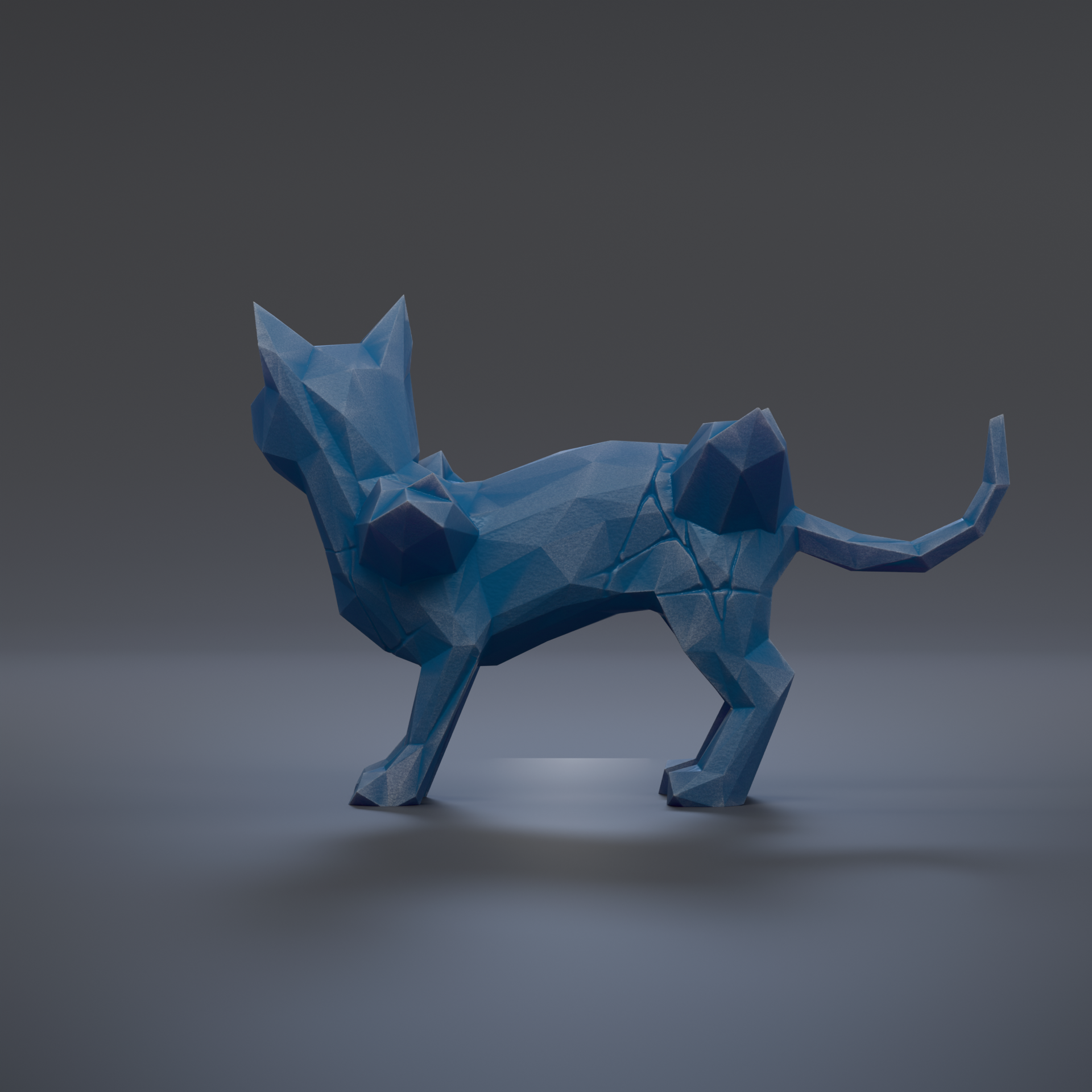 A 3D rendering of a blue, geometric cat-like figure with a pointed head and triangular body, standing on a gray surface.