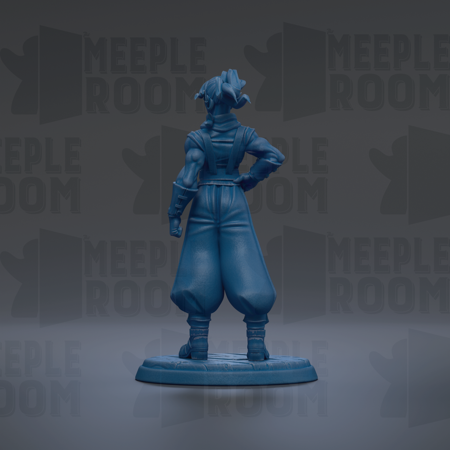 A blue figurine of a person standing with their back to the camera, wearing a hat and holding a weapon.