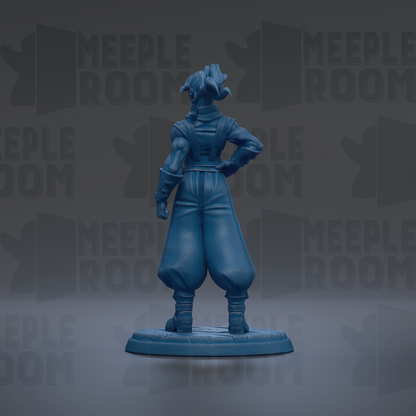 A blue figurine of a person standing with their back to the camera, wearing a hat and holding a weapon.