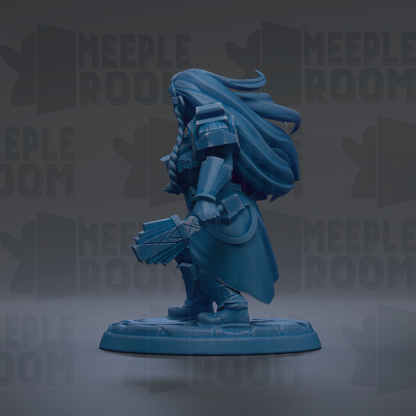 A blue figurine of a warrior standing on a base, with the text "MEUPLE ROOM" repeated in the background.