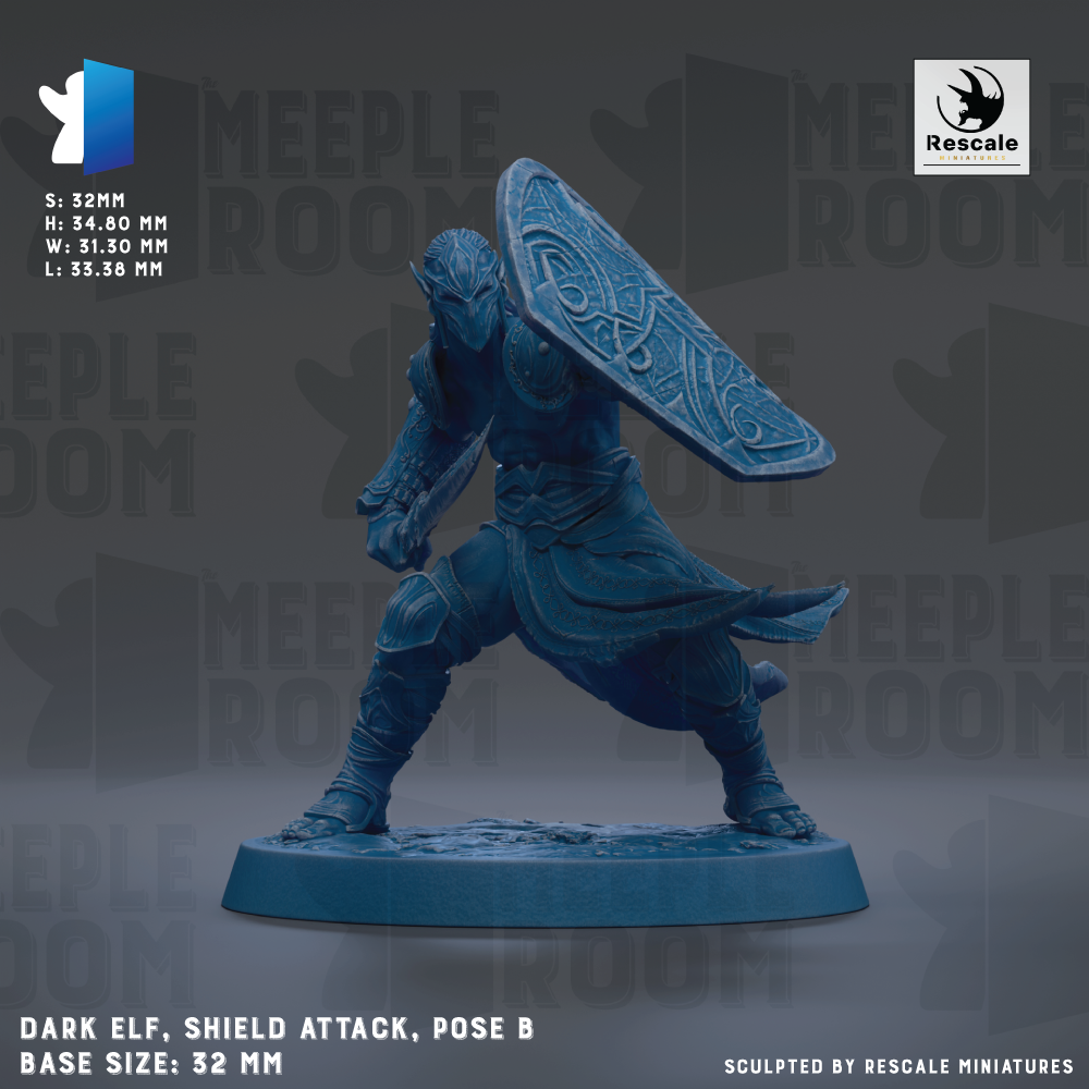 a dark elf wielding a shield, with the elf's pose suggesting a defensive stance. The base size of the elf is 32mm.
