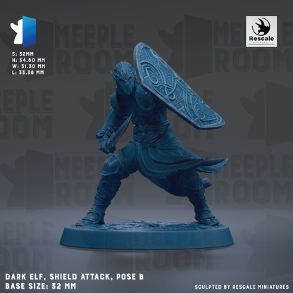 a dark elf wielding a shield, with the elf's pose suggesting a defensive stance. The base size of the elf is 32mm.