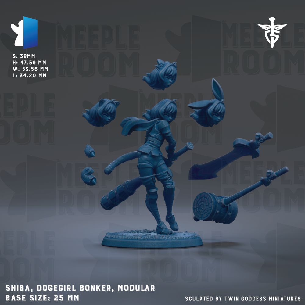 The image is a 3D model of a female character, specifically a Dogegirl Bonker, with various weapons and accessories attached to it. The character is shown in a dynamic pose, surrounded by multiple smaller figures. The image is described as a "base size: 25mm" and is part of a "MELEROOM" series. It is also referred to as a "SCHILLA" and "DOGEGIR BONKER" in the provided text. The image is described as a "collage of multiple images" and is "sculpted by TWIN GODS MINIATURES".