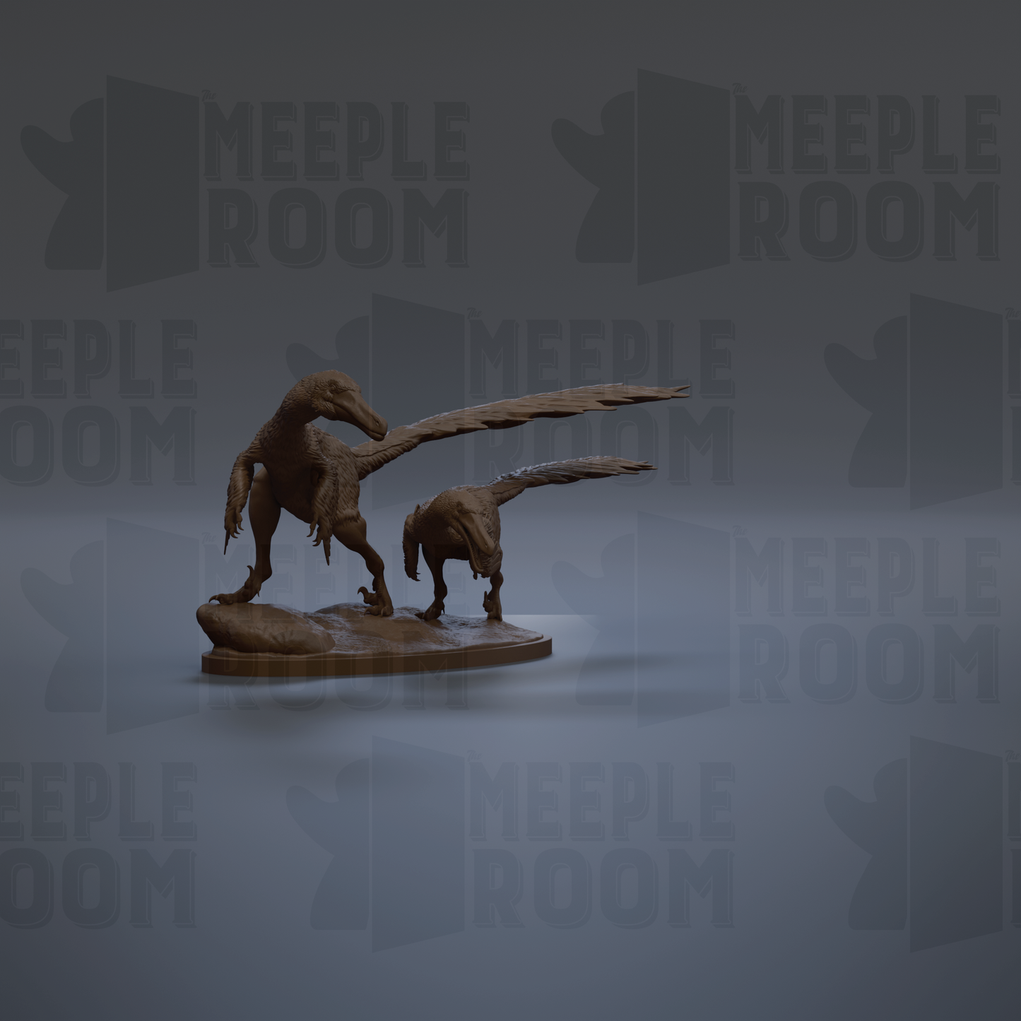 A 3D rendering of a dinosaur statue with wings, standing on a platform against a dark background with repeated "MEUPLE ROOM" text.