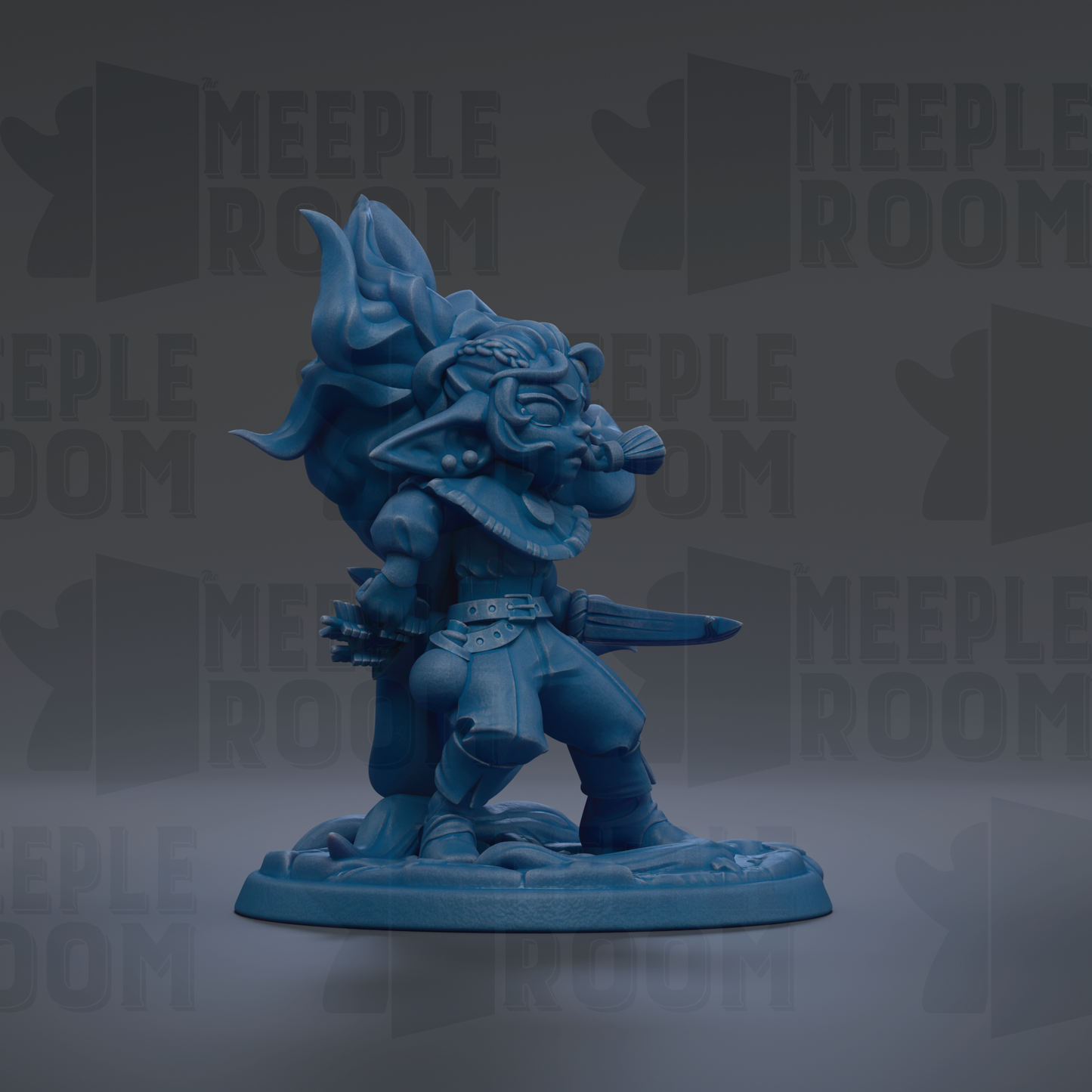 A blue figurine of a character with a large head and a sword, standing on a base.