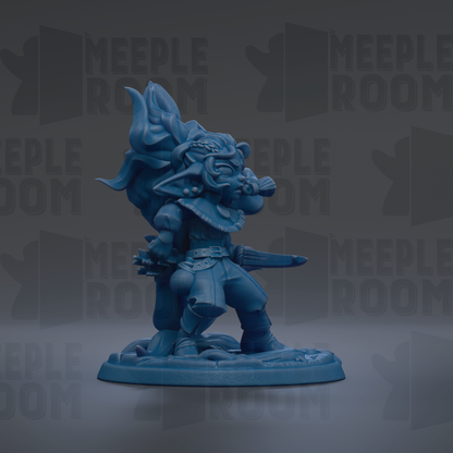 A blue figurine of a character with a large head and a sword, standing on a base.