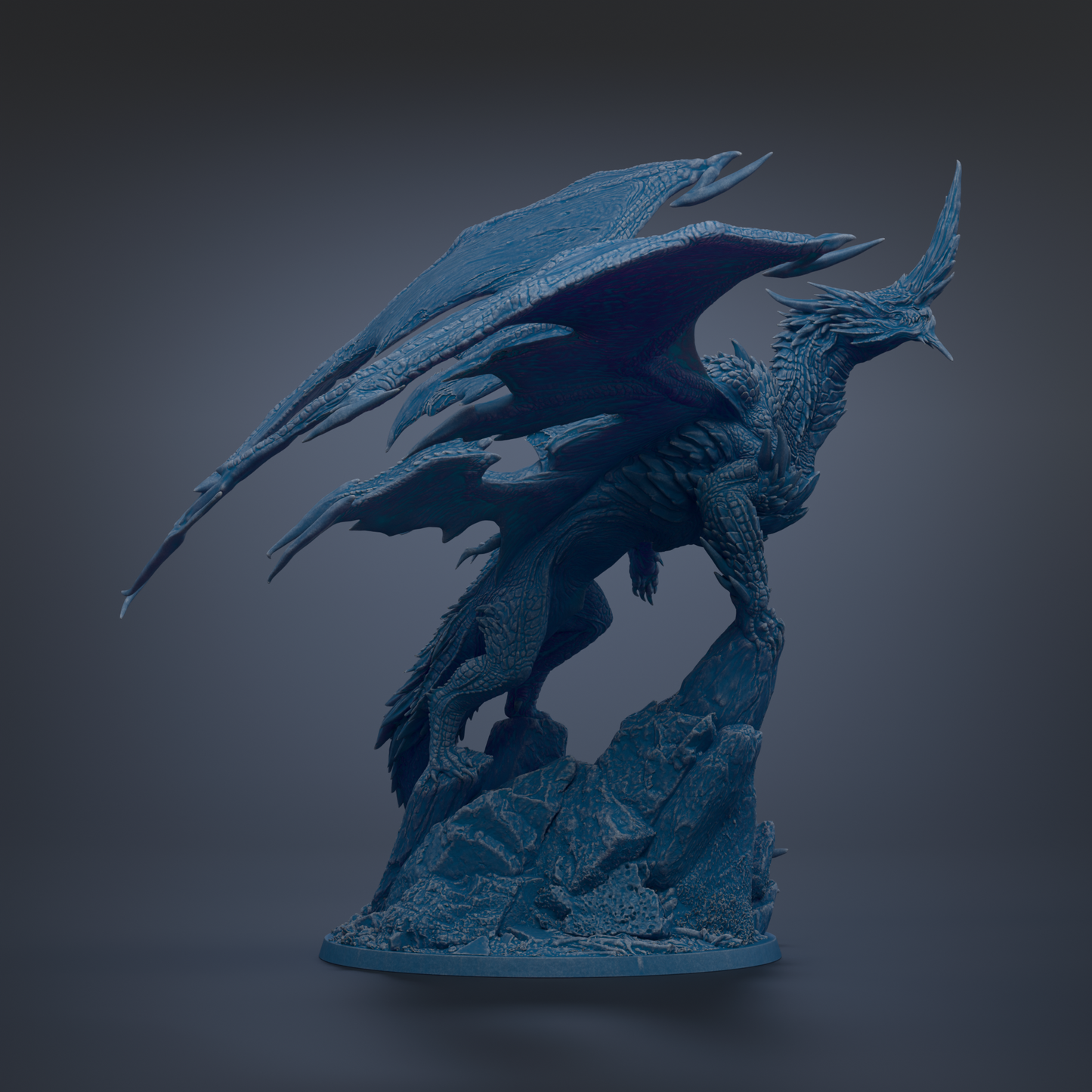 A detailed 3D rendering of a blue dragon statue with outstretched wings, standing on a rocky base.