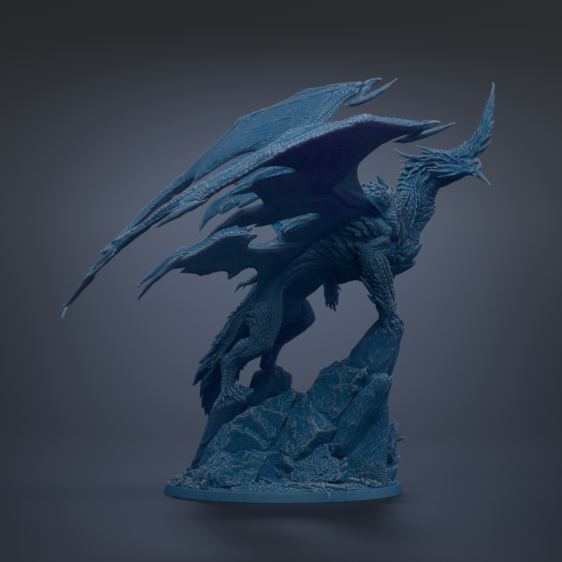 A detailed 3D rendering of a blue dragon statue with outstretched wings, standing on a rocky base.