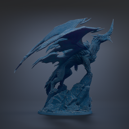 A detailed 3D rendering of a blue dragon statue with outstretched wings, standing on a rocky base.