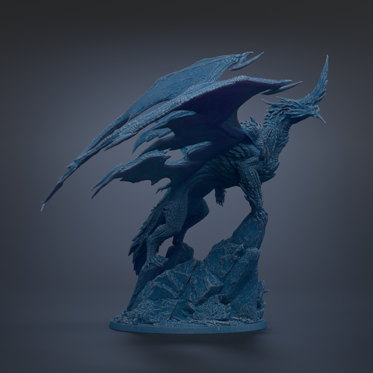 A detailed 3D rendering of a blue dragon statue with outstretched wings, standing on a rocky base.