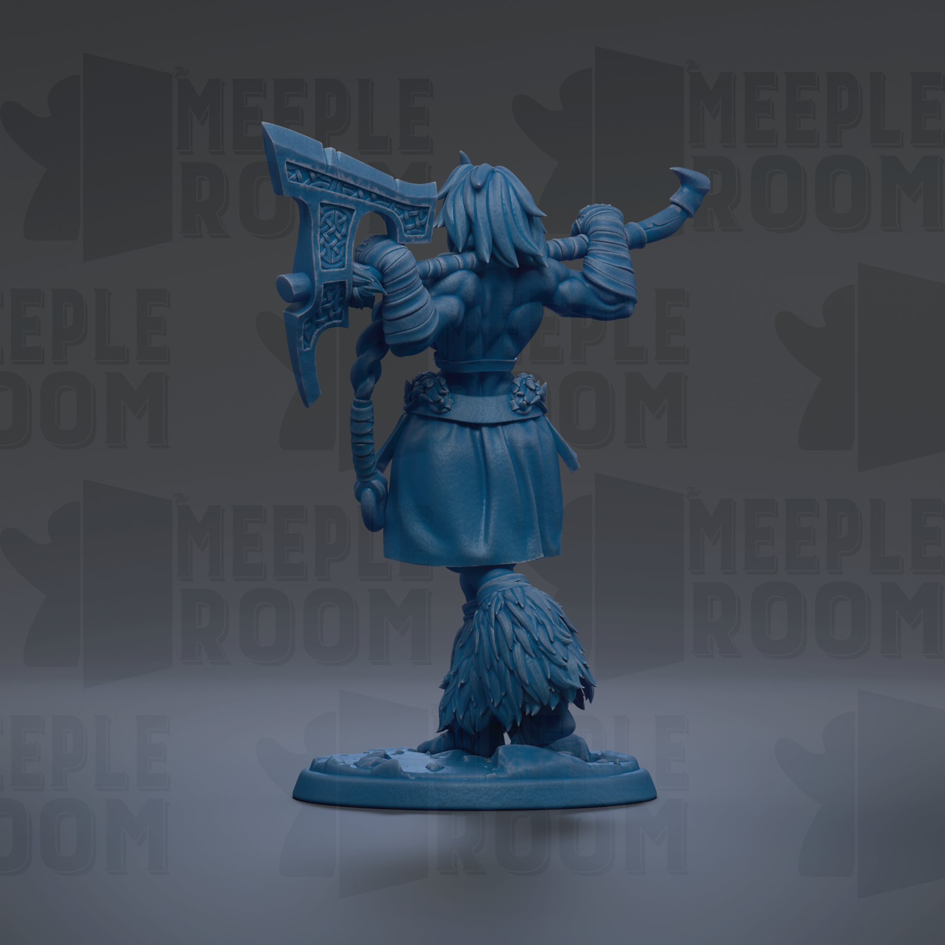 A blue figurine of a warrior figure holding a large weapon, standing on a base.