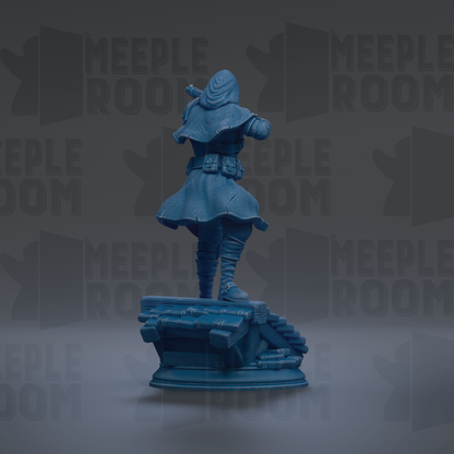 A blue statue of a person standing on a platform, with the text "MEUPLE ROOM" repeated in the background.