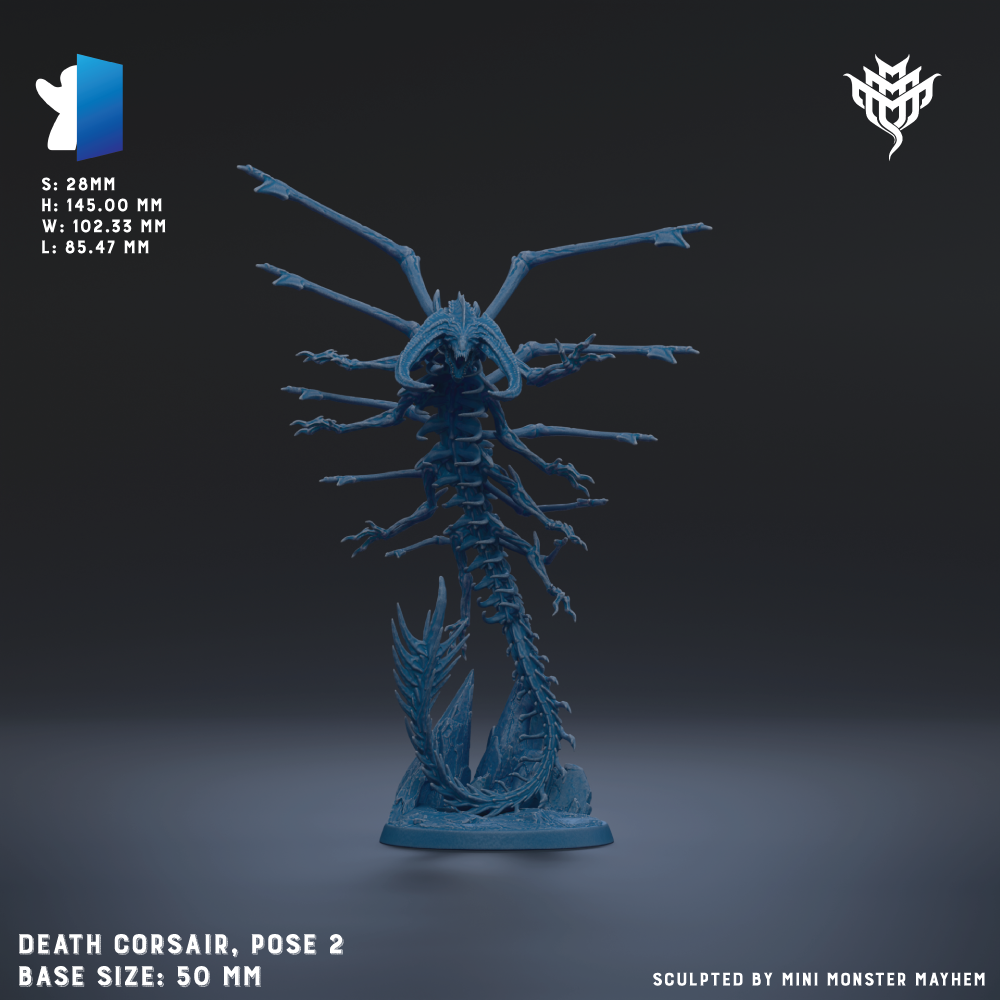 a blue, 3D-rendered figurine of a large, elongated creature with multiple arms and legs, resembling a humanoid or humanoid-like being. The creature appears to be a model or sculpture of a larger-than-life creature, possibly a monster or a supervillain. The image is described as a "DEATH CORSAIR, POSE 2" and is shown in a 3D rendering, suggesting it is a digital or computer-generated image. The base size of the figurine is 50 millimeters.