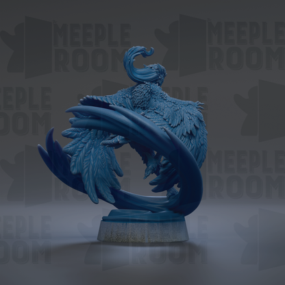 A blue, winged bird sculpture is displayed on a pedestal against a dark background with repeated text.