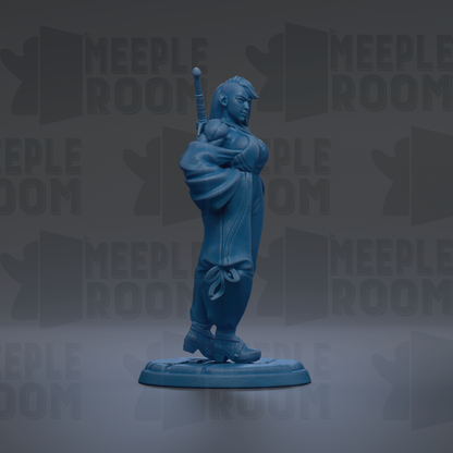 A blue figurine of a person standing on a base, with the text "MEEPLE ROOM" repeated in the background.