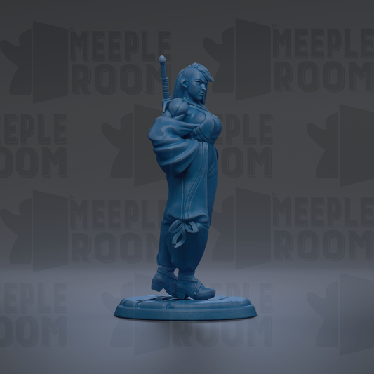 A blue figurine of a person standing on a base, with the text "MEEPLE ROOM" repeated in the background.
