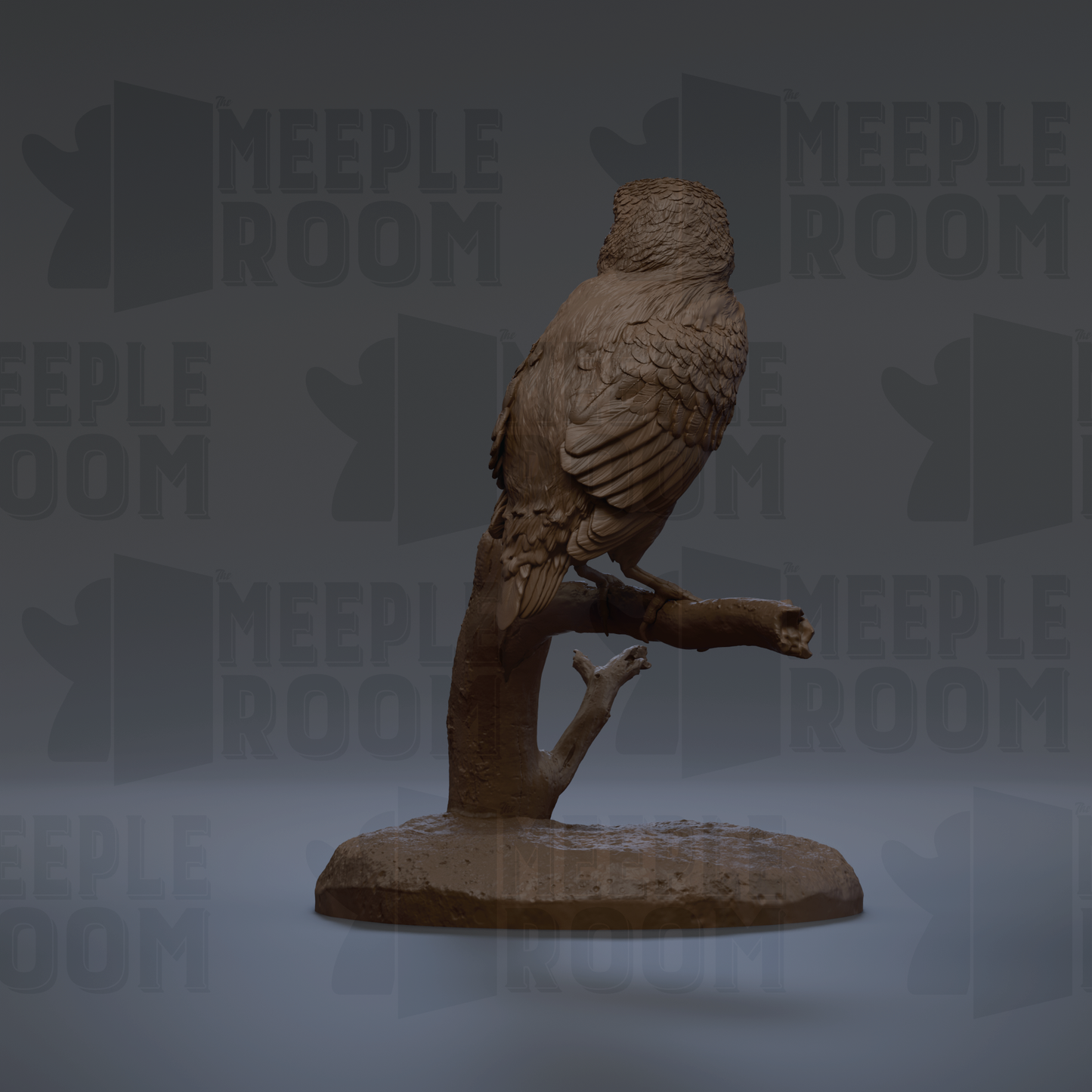 A 3D rendering of a bird statue perched on a branch, with the text "MEUPLE ROOM" repeated in the background.