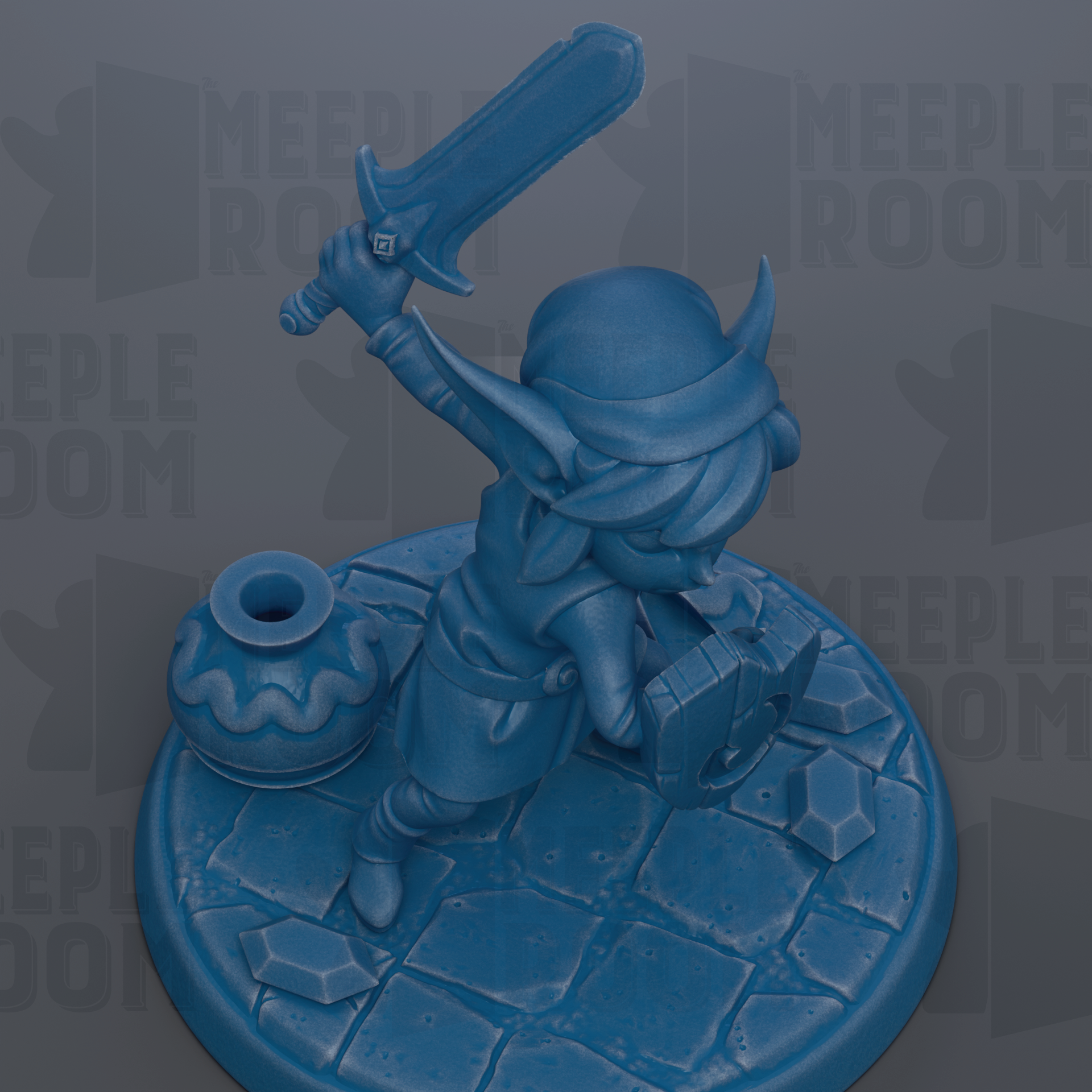 A blue figurine of a character holding a sword and shield, standing on a stone base.