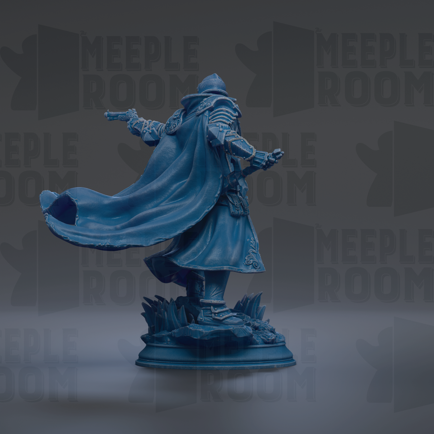 A blue statue of a person with a cape and sword stands on a pedestal against a dark background with repeated text.