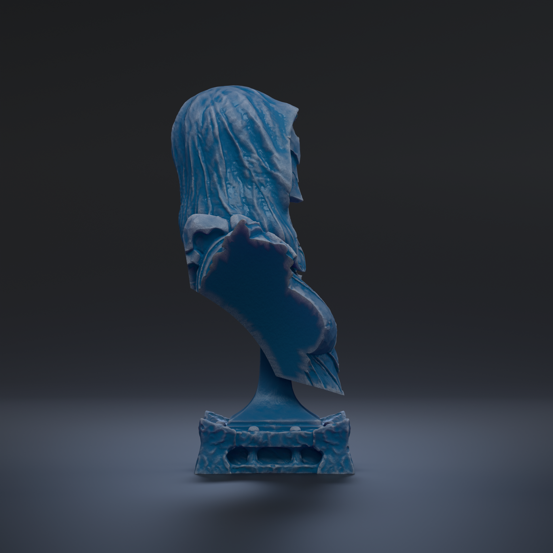 A blue, abstract sculpture with a textured, flowing design stands alone against a dark background.