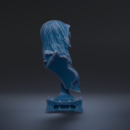 A blue, abstract sculpture with a textured, flowing design stands alone against a dark background.