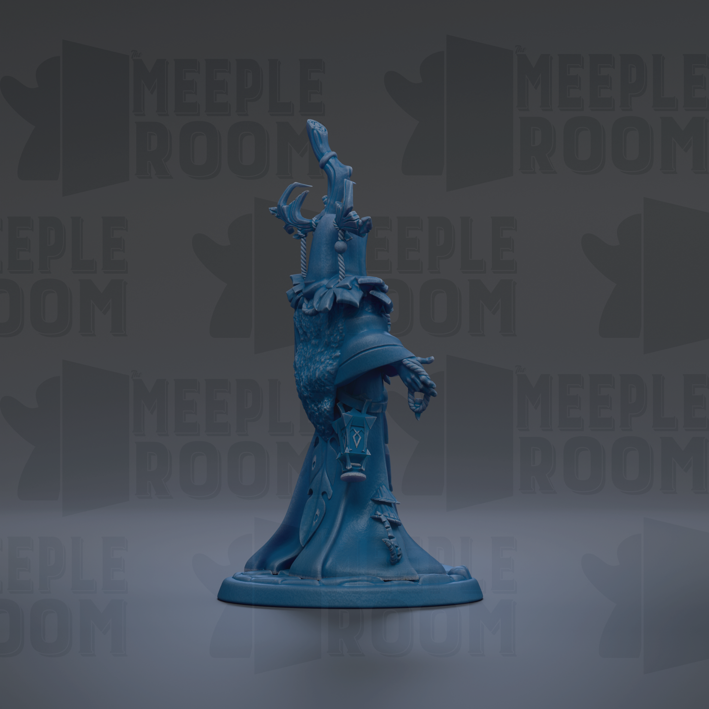 a blue statue of a person with a bird-like figure on top, set against a dark background with repeated text.