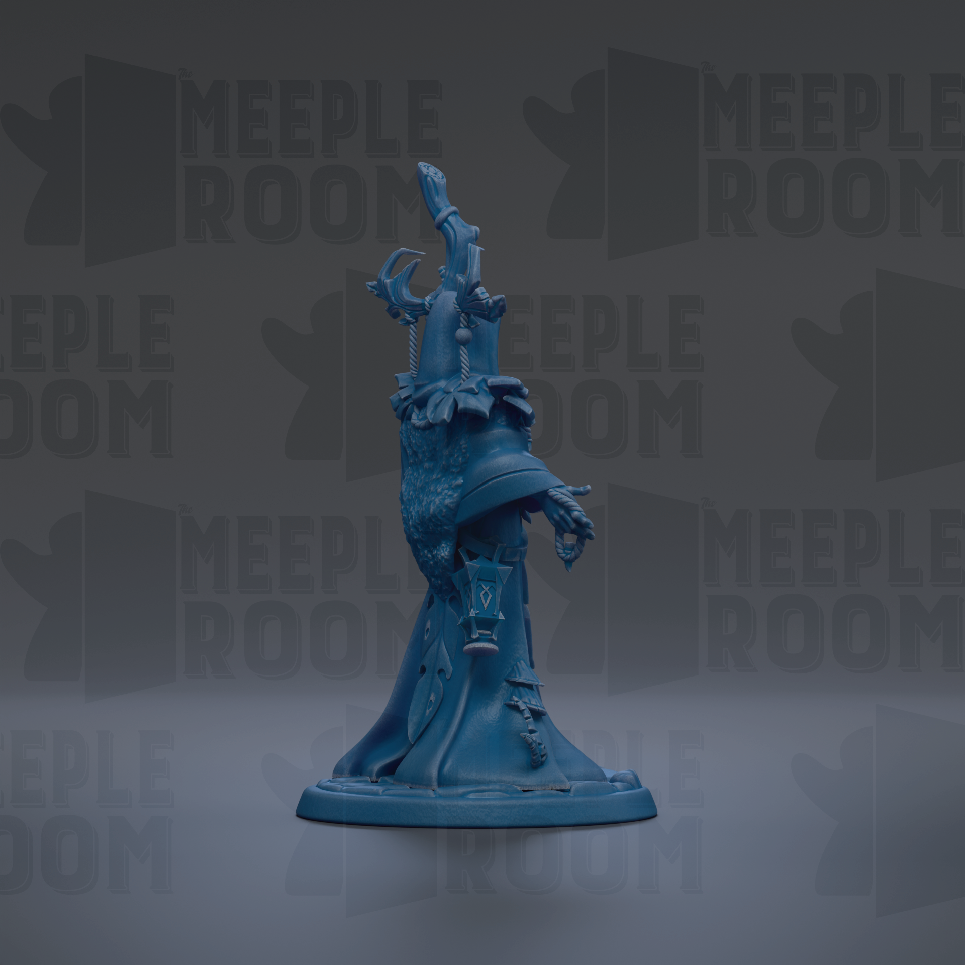 a blue statue of a person with a bird-like figure on top, set against a dark background with repeated text.