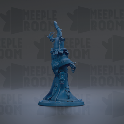 a blue statue of a person with a bird-like figure on top, set against a dark background with repeated text.