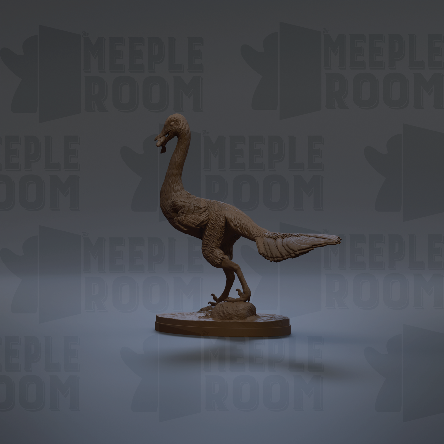 A 3D rendering of a dinosaur-like creature, possibly a dinosaur or a bird-like animal, standing on a platform.