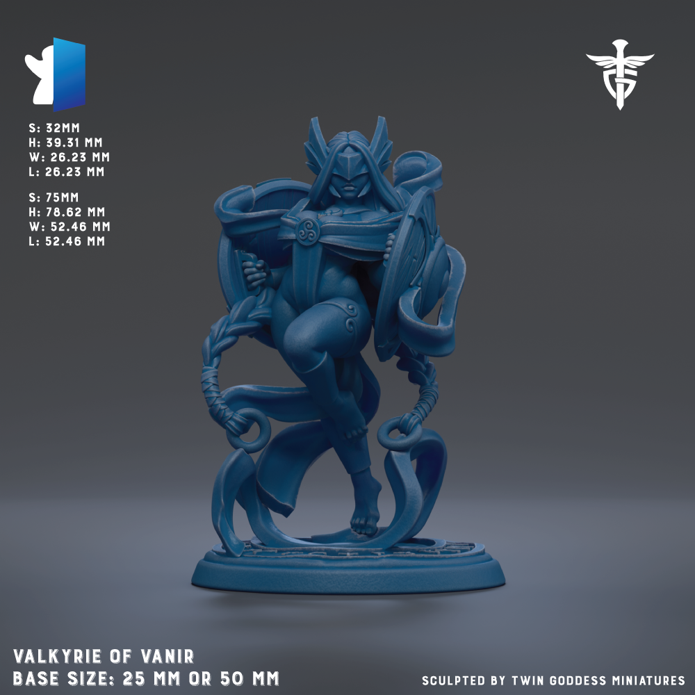 The image is a detailed 3D rendering of a blue fantasy character, likely a dragon or mythical creature, with intricate details and a sculpted appearance. The character is standing on a base that is either 25mm or 50mm in size, depending on the specific description. The image is a collaboration between Twin Goddess Miniatures, as indicated by the text at the bottom.