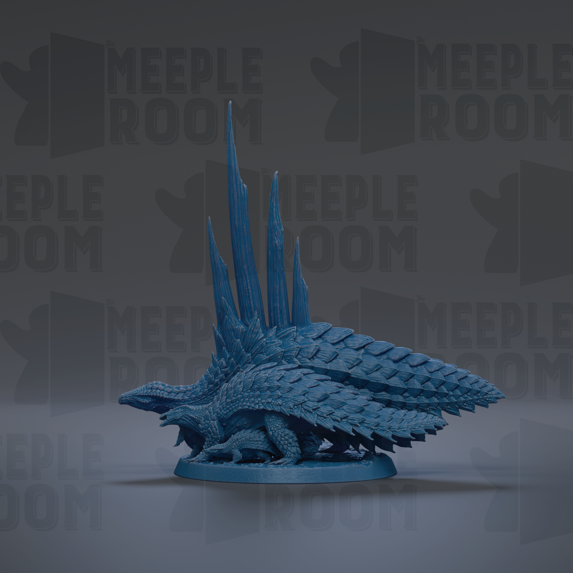 A blue, 3D-rendered dragon figurine with sharp, pointed features is displayed against a dark background with repeated text.