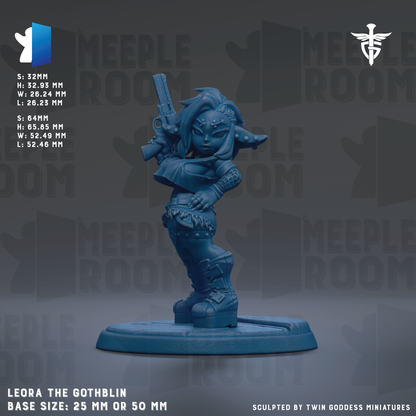 a figurine of a character named Leora, who is depicted as a gothlin. The figurine is standing on a base and is described as having a base size of 25mm or 50mm. The image is a collage of multiple images, and it is not a single image but a collection of images. The phrase "Sculpted by Twin Goddess Miniatures" is present, indicating that the figurine is a product of Twin Goddess Miniatures.