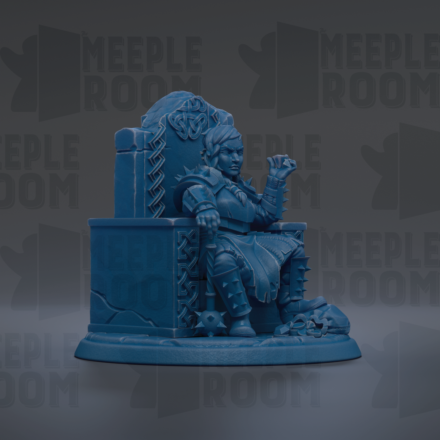 A blue figurine of a person sitting on a throne, with a skull and crossbones on the throne and a skull on the ground.