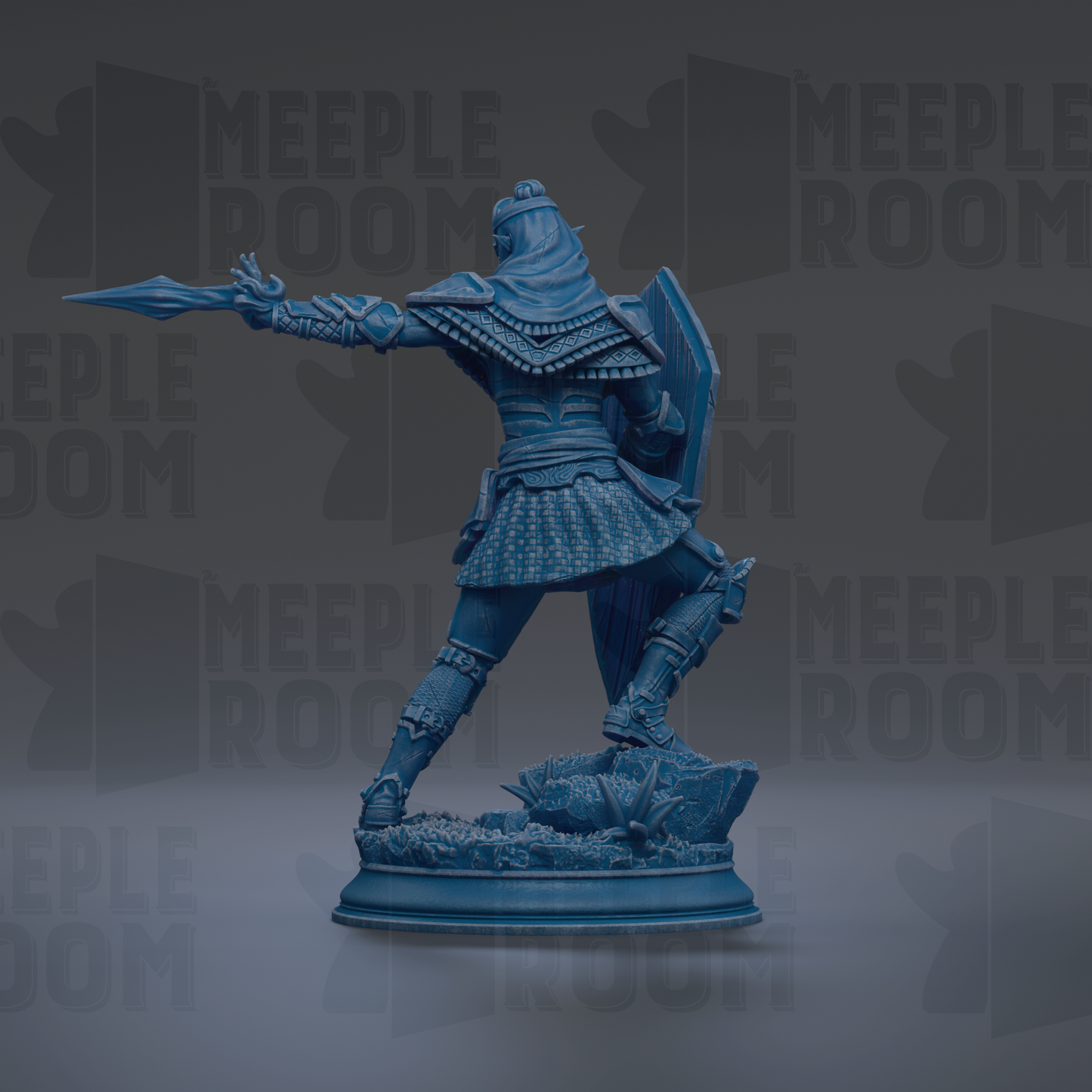 A blue statue of a warrior figure with a sword and shield, standing on a pedestal.