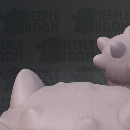 a large, light pink, plush toy or stuffed animal, possibly a cat or a dog, against a dark background with repeated text.
