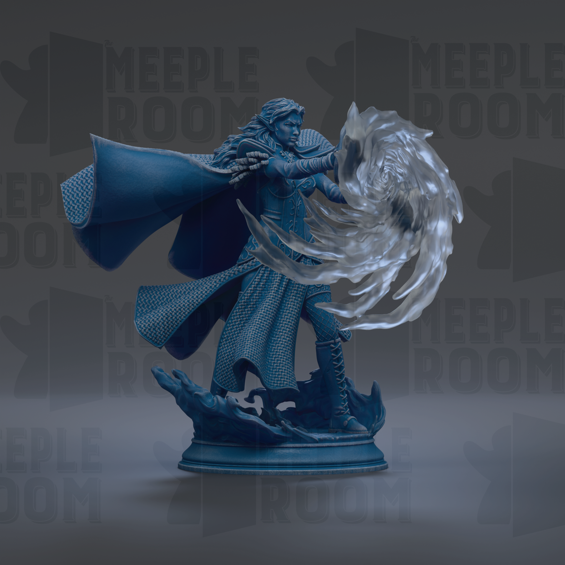 A 3D rendering of a female character with long hair, wearing a flowing blue cape, and holding a large, swirling object in her hands.