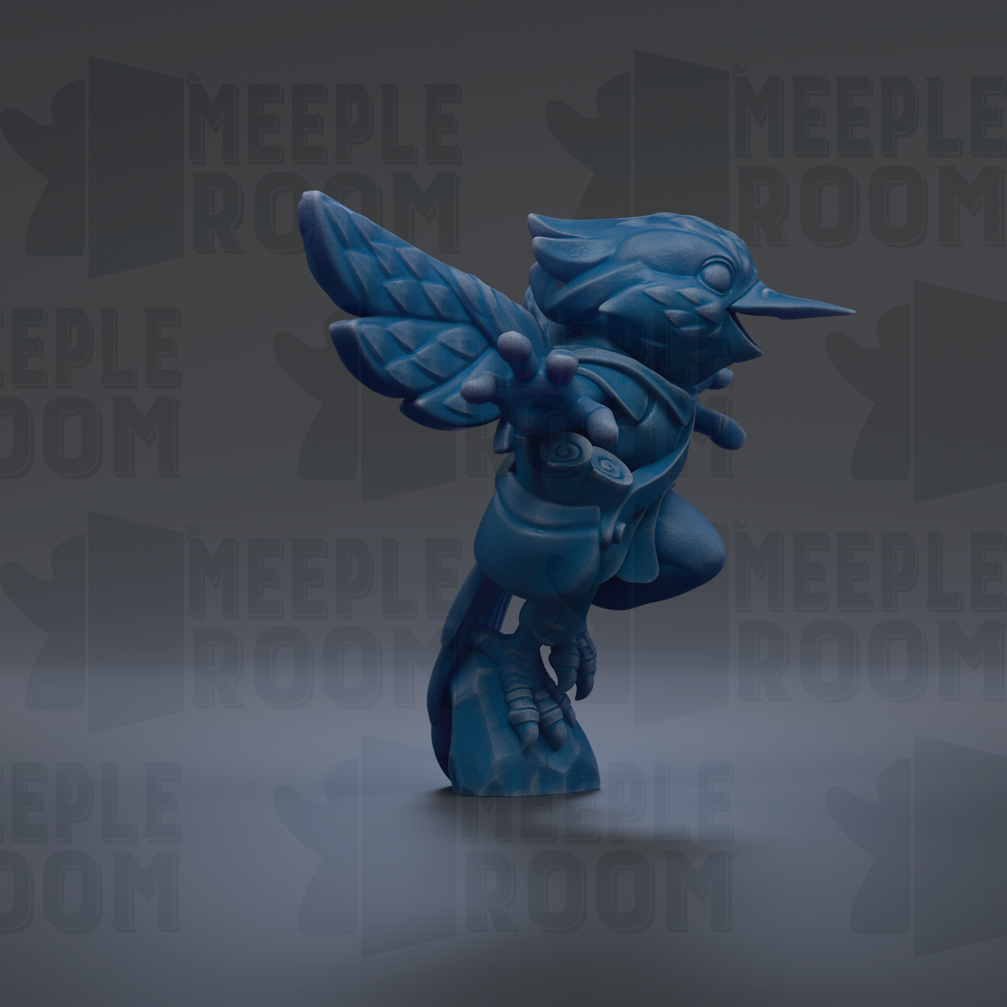 A blue bird-like creature with wings and claws is depicted in the image.
